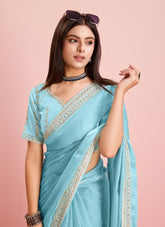 Sky blue colour saree looking up to date